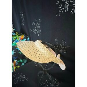 Natural Woven Straw Sun Visor Wide Brim Beach Hat Tan Elastic Back Summer